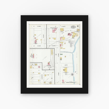Old map wall art mockup — black gallery frame with white mat — Sanborn Fire Insurance Map from New Ulm, Brown County, Minnesota (1899), Sheet #0009