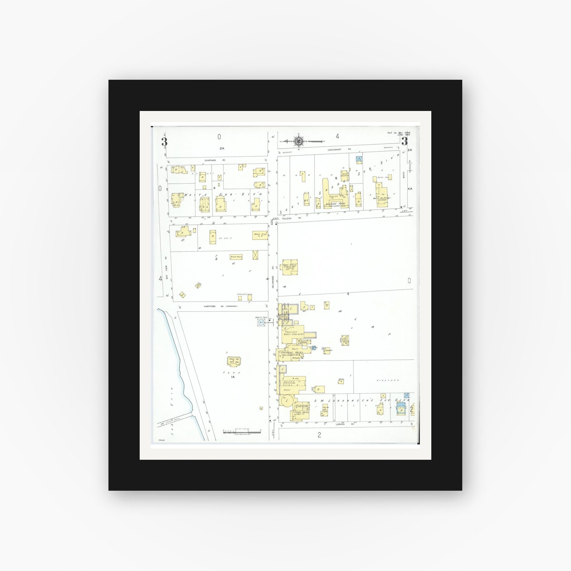 Old map wall art mockup — black gallery frame with white mat — Sanborn Fire Insurance Map from Put-in-bay, Ottawa County, Ohio (1950), Sheet #0003