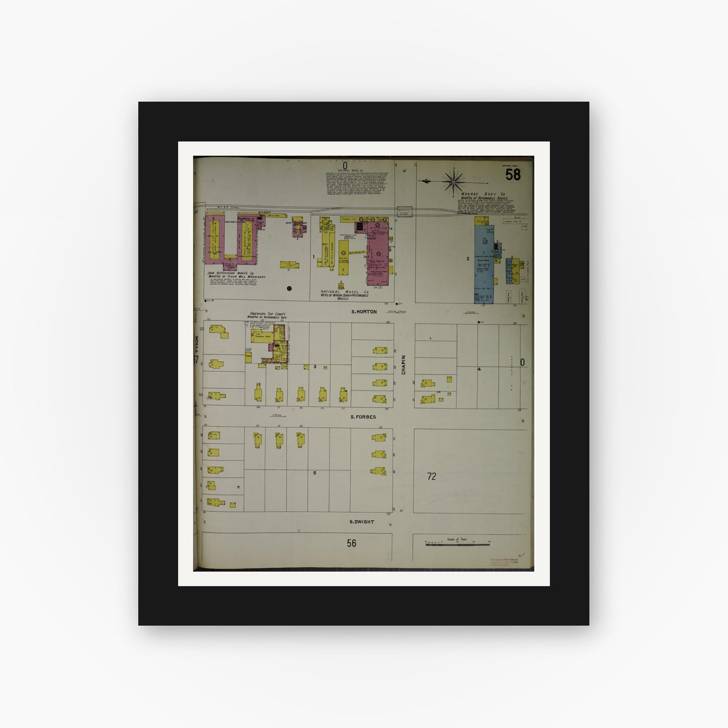 Old map wall art mockup — black gallery frame with white mat — Sanborn Fire Insurance Map from Jackson, Jackson County, Michigan (1907), Sheet #0058
