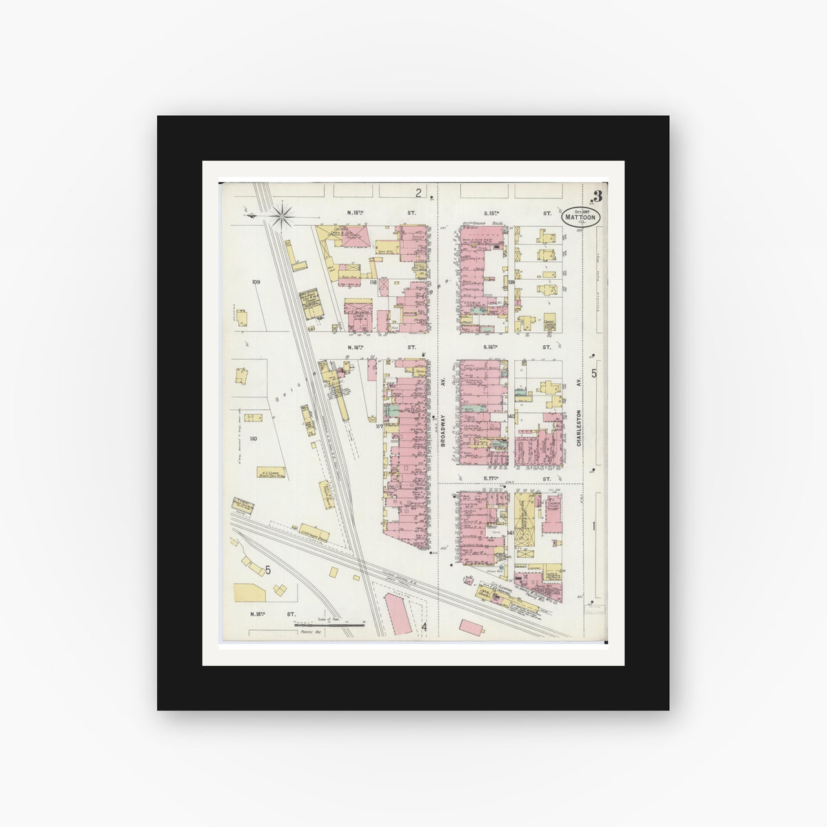 Old map wall art mockup — black gallery frame with white mat — Sanborn Fire Insurance Map from Mattoon, Coles County, Illinois (1897), Sheet #0003