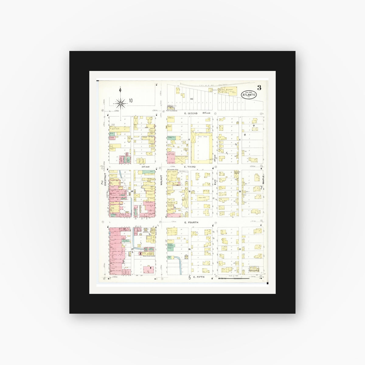 Old map wall art mockup — black gallery frame with white mat — Sanborn Fire Insurance Map from Atlantic, Cass County, Iowa (1908), Sheet #0003