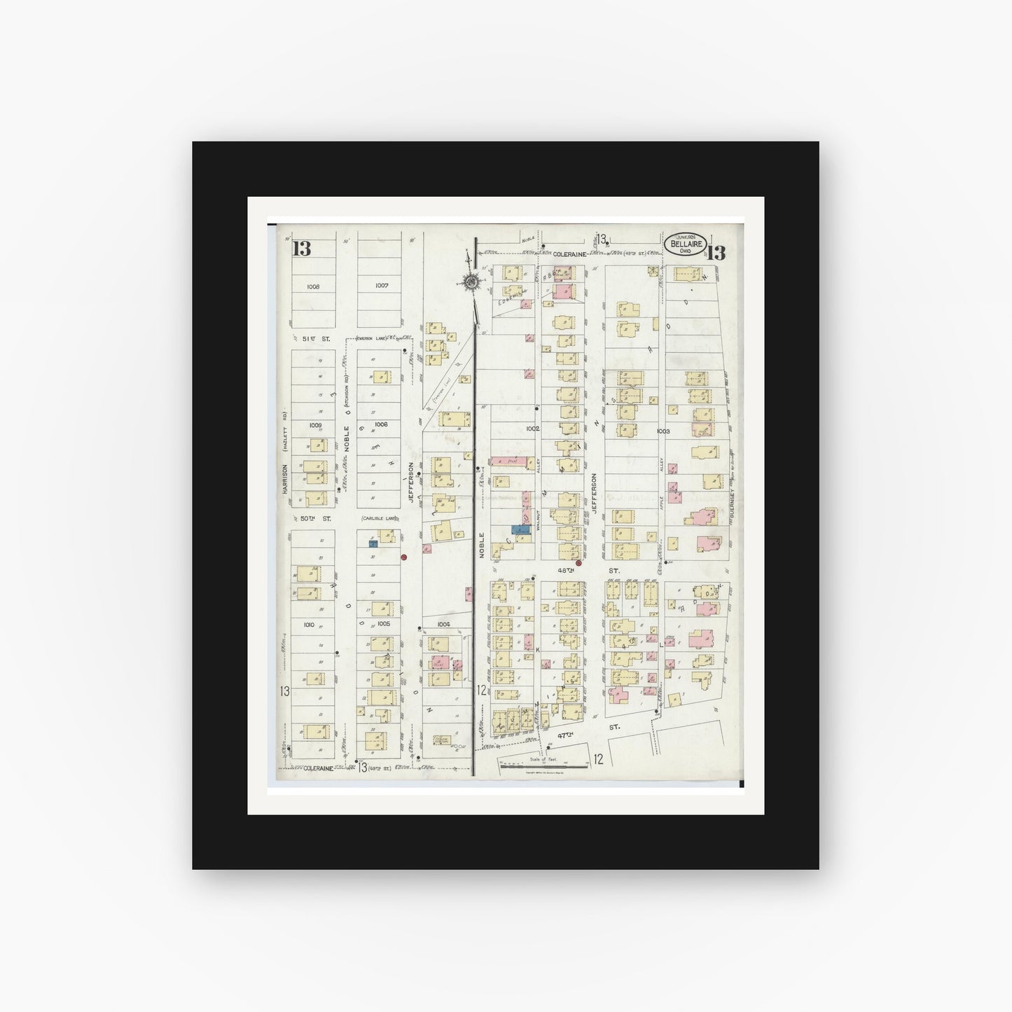 Old map wall art mockup — black gallery frame with white mat — Sanborn Fire Insurance Map from Bellaire, Belmont County, Ohio (1924), Sheet #0013