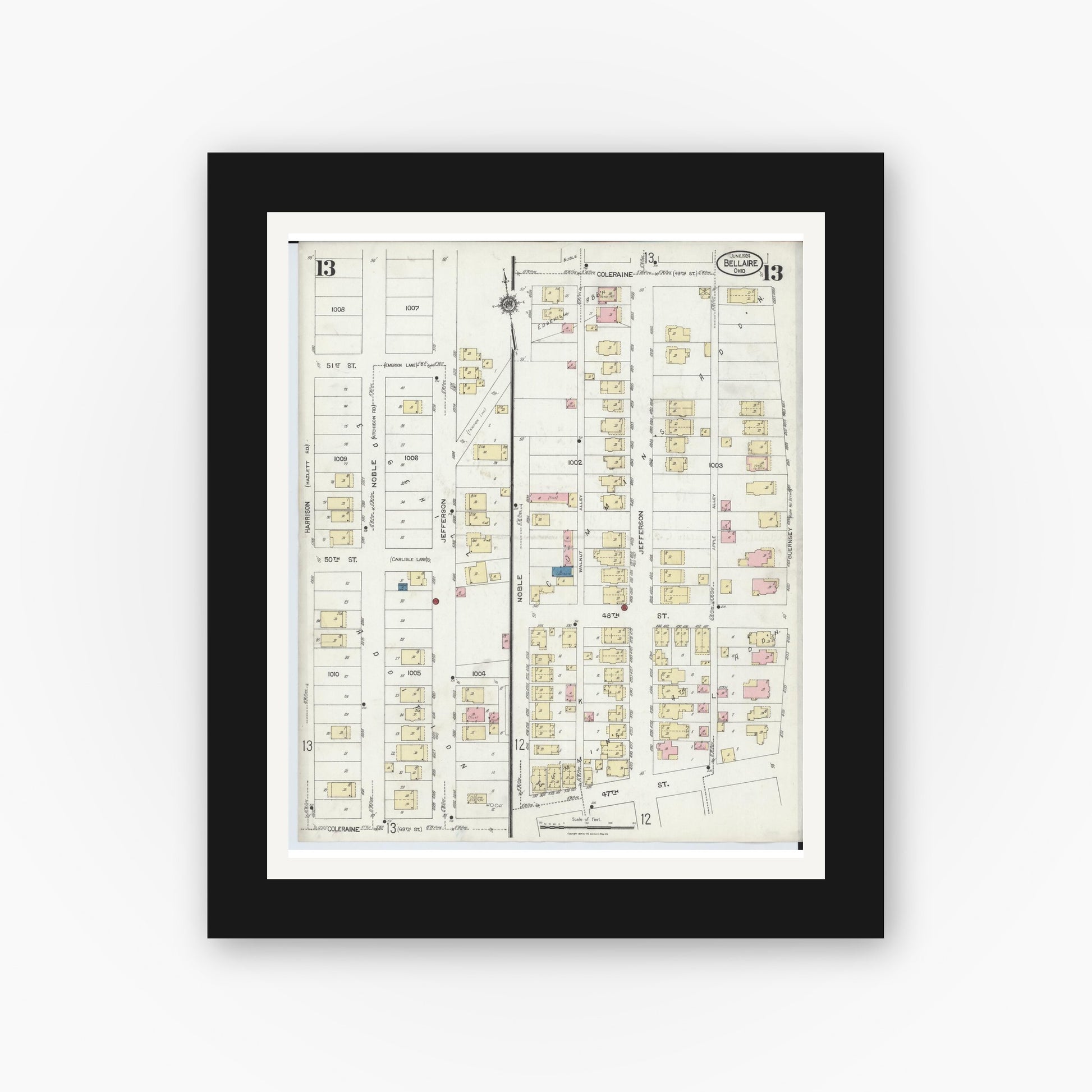 Old map wall art mockup — black gallery frame with white mat — Sanborn Fire Insurance Map from Bellaire, Belmont County, Ohio (1924), Sheet #0013