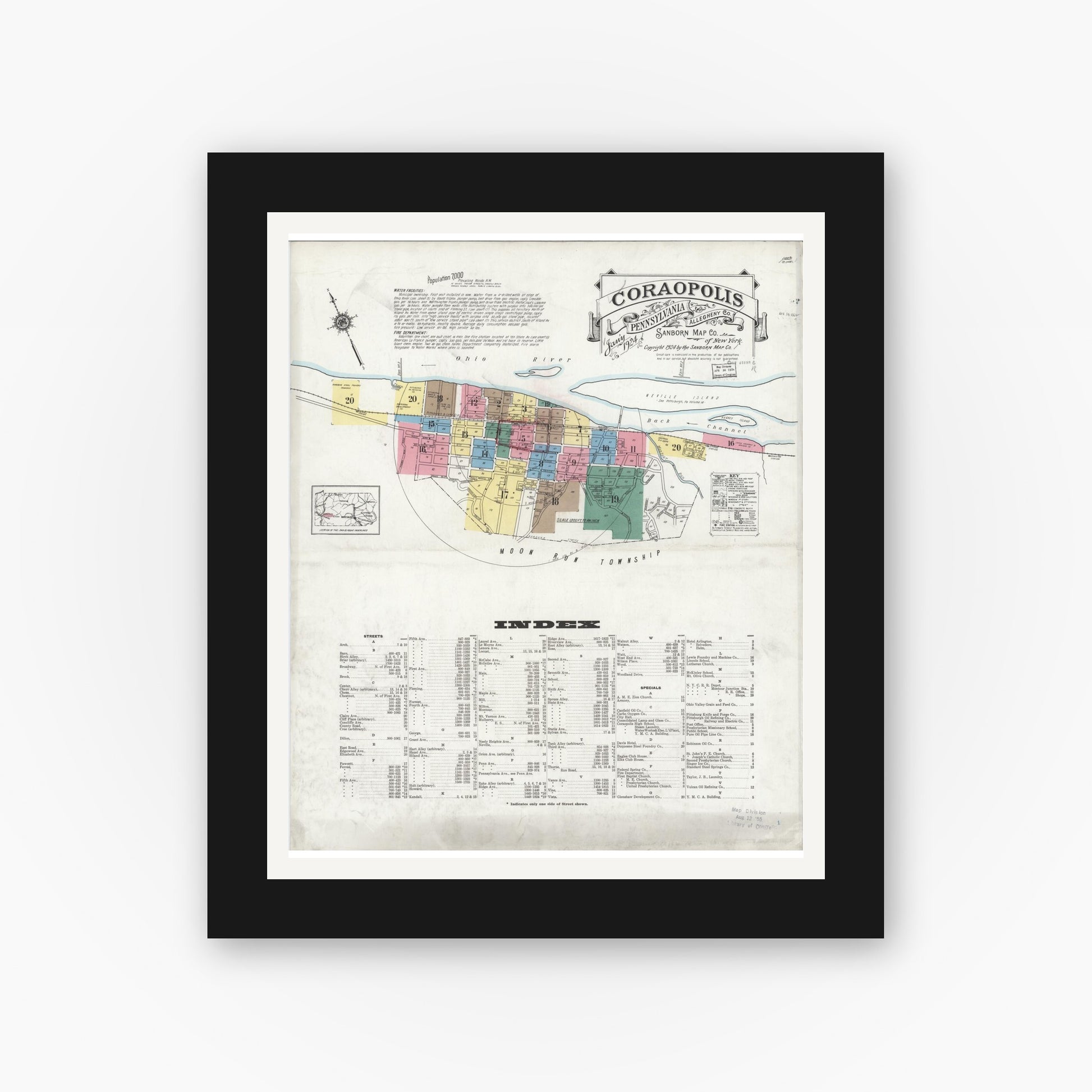 Old map wall art mockup — black gallery frame with white mat — Sanborn Fire Insurance Map from Coraopolis, Allegheny County, Pennsylvania (1924) - Complete Map Set