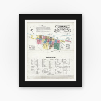 Old map wall art mockup — black gallery frame with white mat — Sanborn Fire Insurance Map from Coraopolis, Allegheny County, Pennsylvania (1924) - Complete Map Set