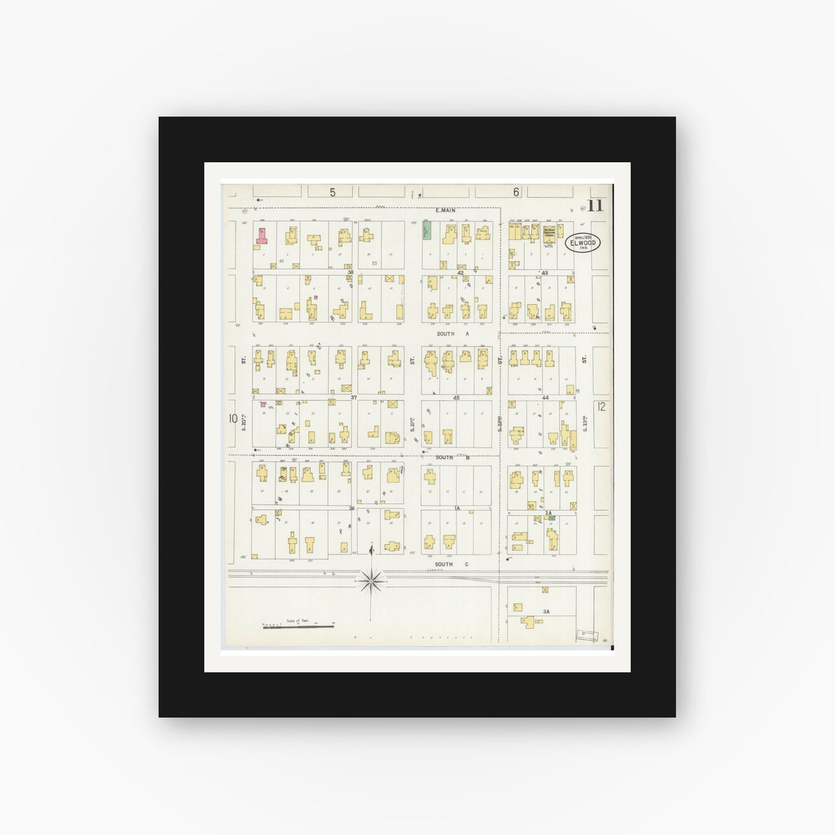 Old map wall art mockup — black gallery frame with white mat — Sanborn Fire Insurance Map from Elwood, Madison County, Indiana (1899), Sheet #0011