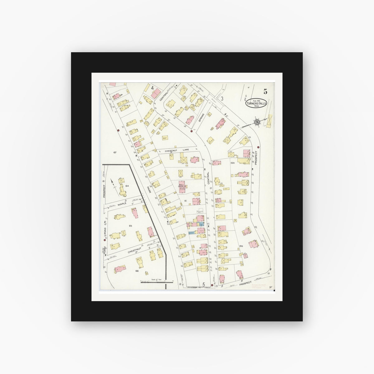 Old map wall art mockup — black gallery frame with white mat — Sanborn Fire Insurance Map from Turners Falls, Franklin County, Massachusetts (1914), Sheet #0005