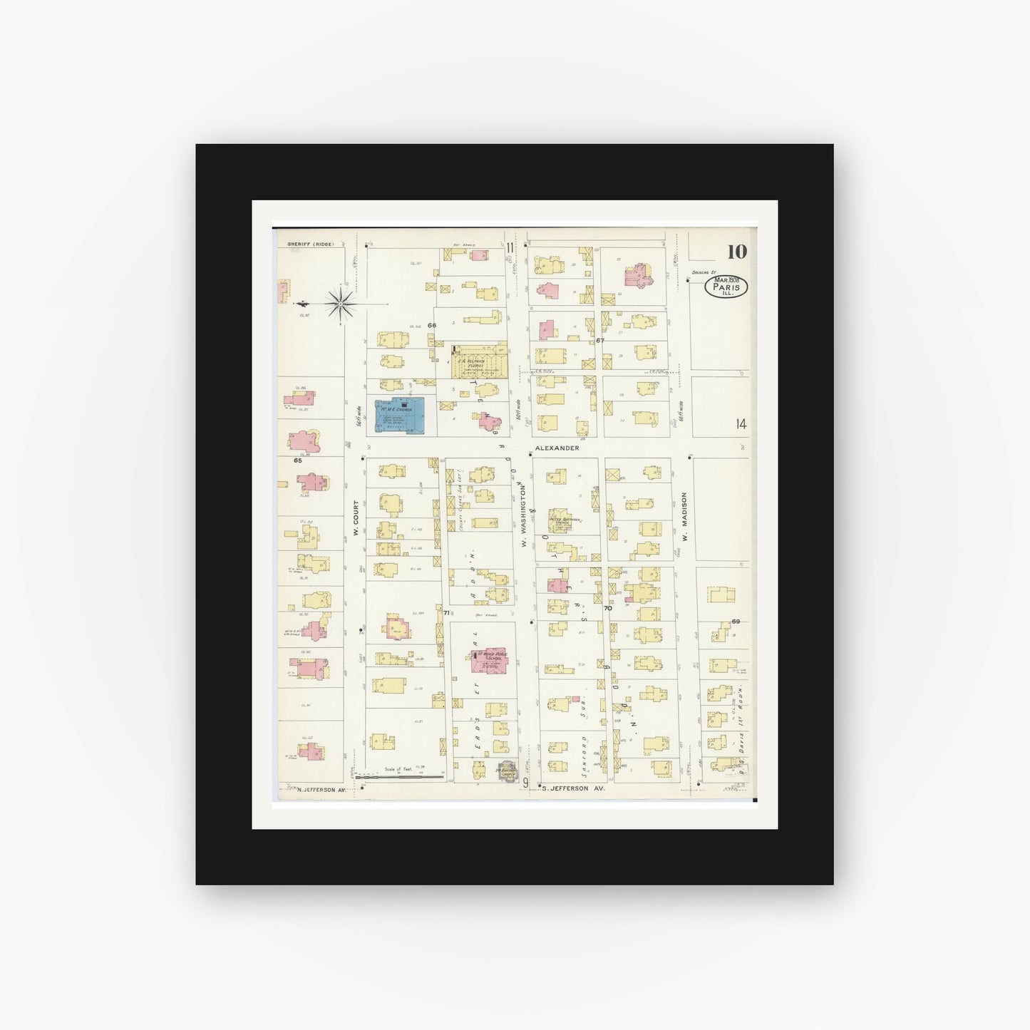 Old map wall art mockup — black gallery frame with white mat — Sanborn Fire Insurance Map from Paris, Edgar County, Illinois (1908), Sheet #0010