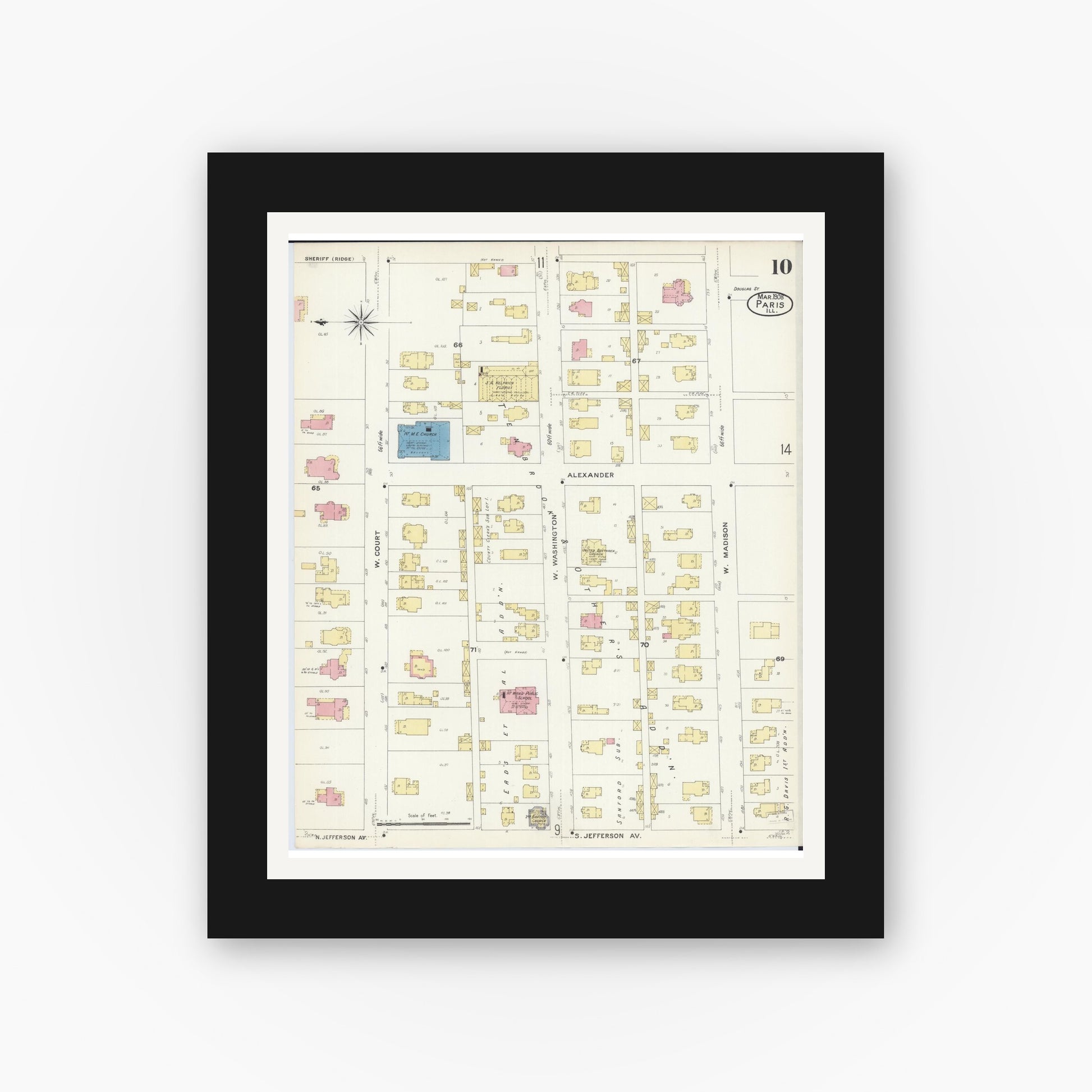 Old map wall art mockup — black gallery frame with white mat — Sanborn Fire Insurance Map from Paris, Edgar County, Illinois (1908), Sheet #0010