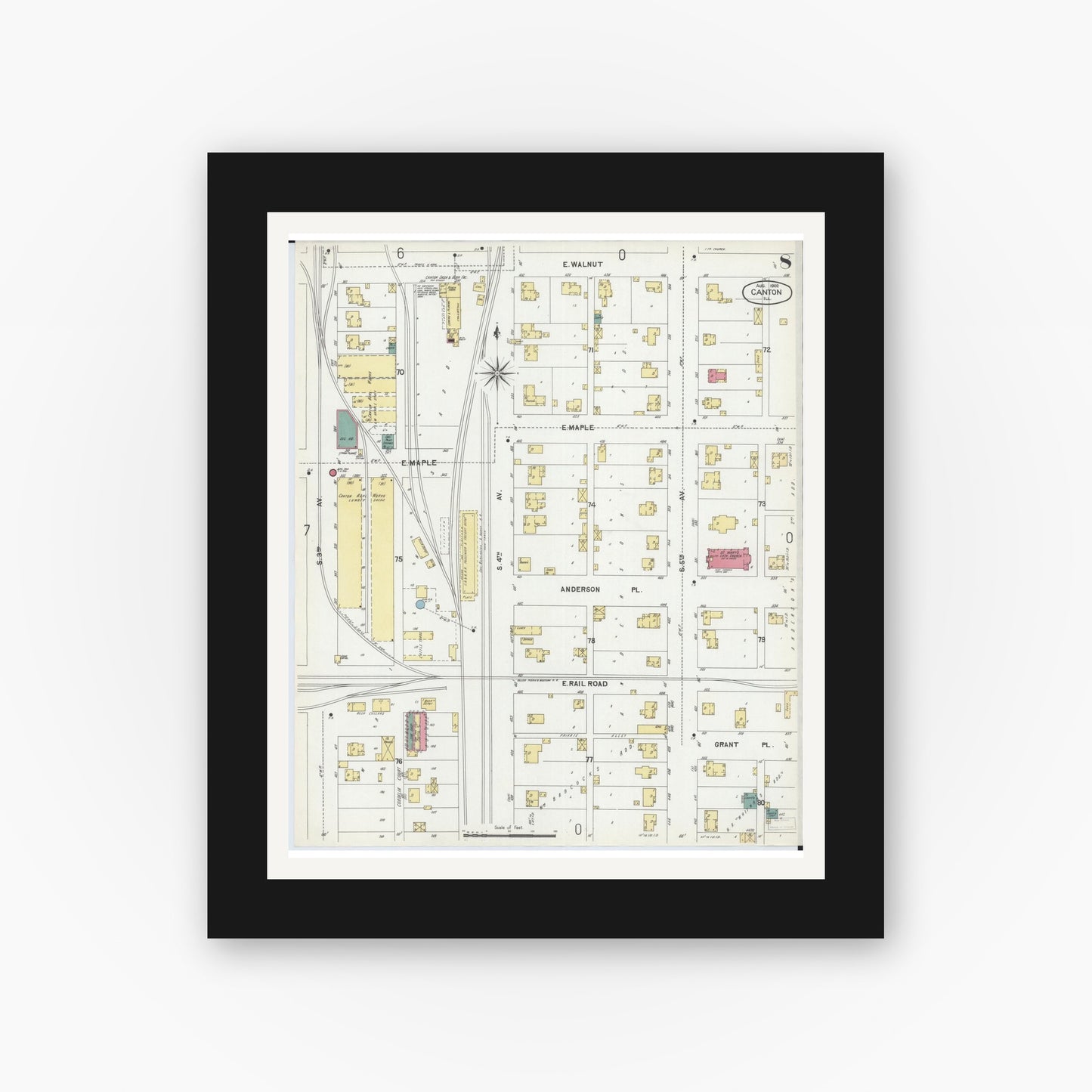 Old map wall art mockup — black gallery frame with white mat — Sanborn Fire Insurance Map from Canton, Fulton County, Illinois (1902), Sheet #0008