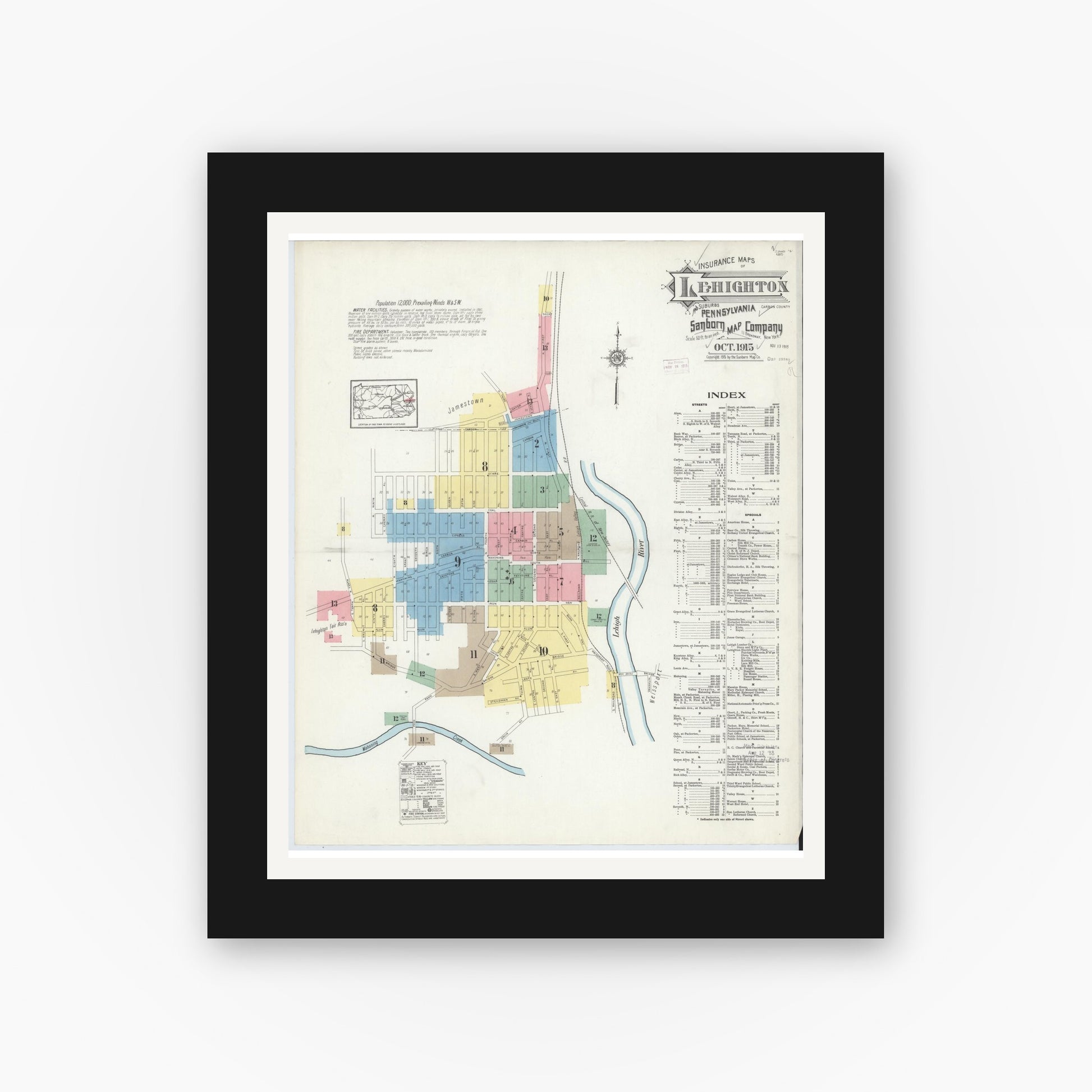 Old map wall art mockup — black gallery frame with white mat — Sanborn Fire Insurance Map from Lehighton, Carbon County, Pennsylvania (1915) - Complete Map Set