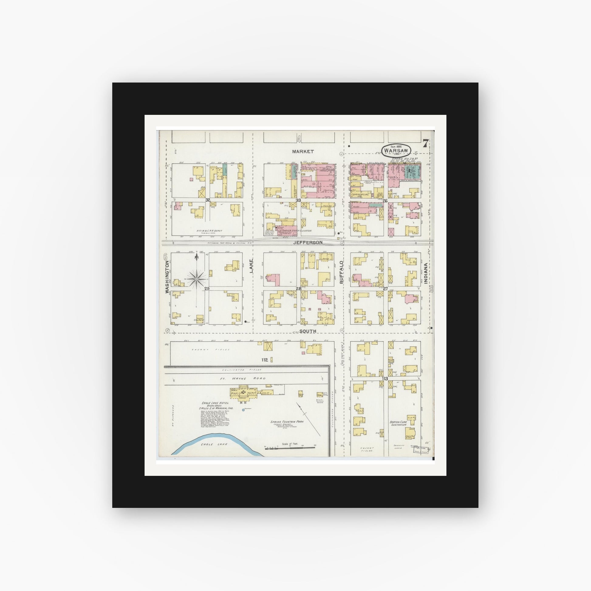 Old map wall art mockup — black gallery frame with white mat — Sanborn Fire Insurance Map from Warsaw, Kosciusko County, Indiana (1892), Sheet #0007
