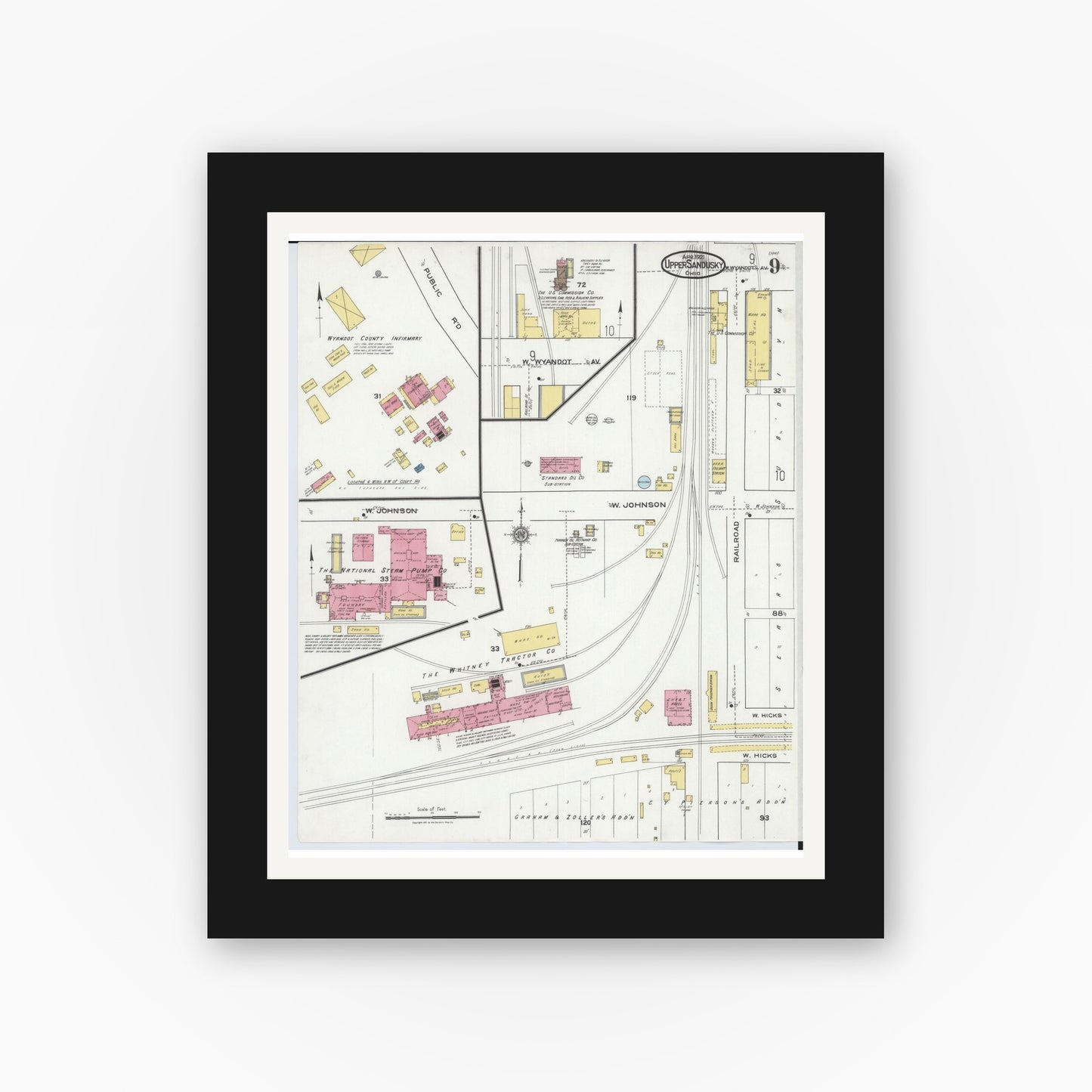 Old map wall art mockup — black gallery frame with white mat — Sanborn Fire Insurance Map from Upper Sandusky, Wyandot County, Ohio (1921), Sheet #0009