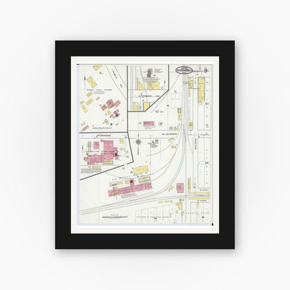 Old map wall art mockup — black gallery frame with white mat — Sanborn Fire Insurance Map from Upper Sandusky, Wyandot County, Ohio (1921), Sheet #0009
