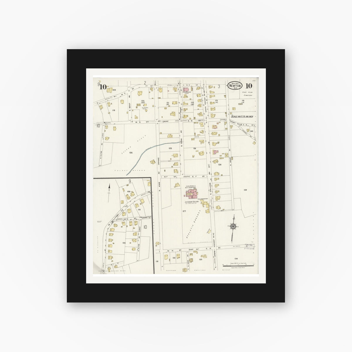 Old map wall art mockup — black gallery frame with white mat — Sanborn Fire Insurance Map from Newton, Catawba County, North Carolina (1924), Sheet #0010