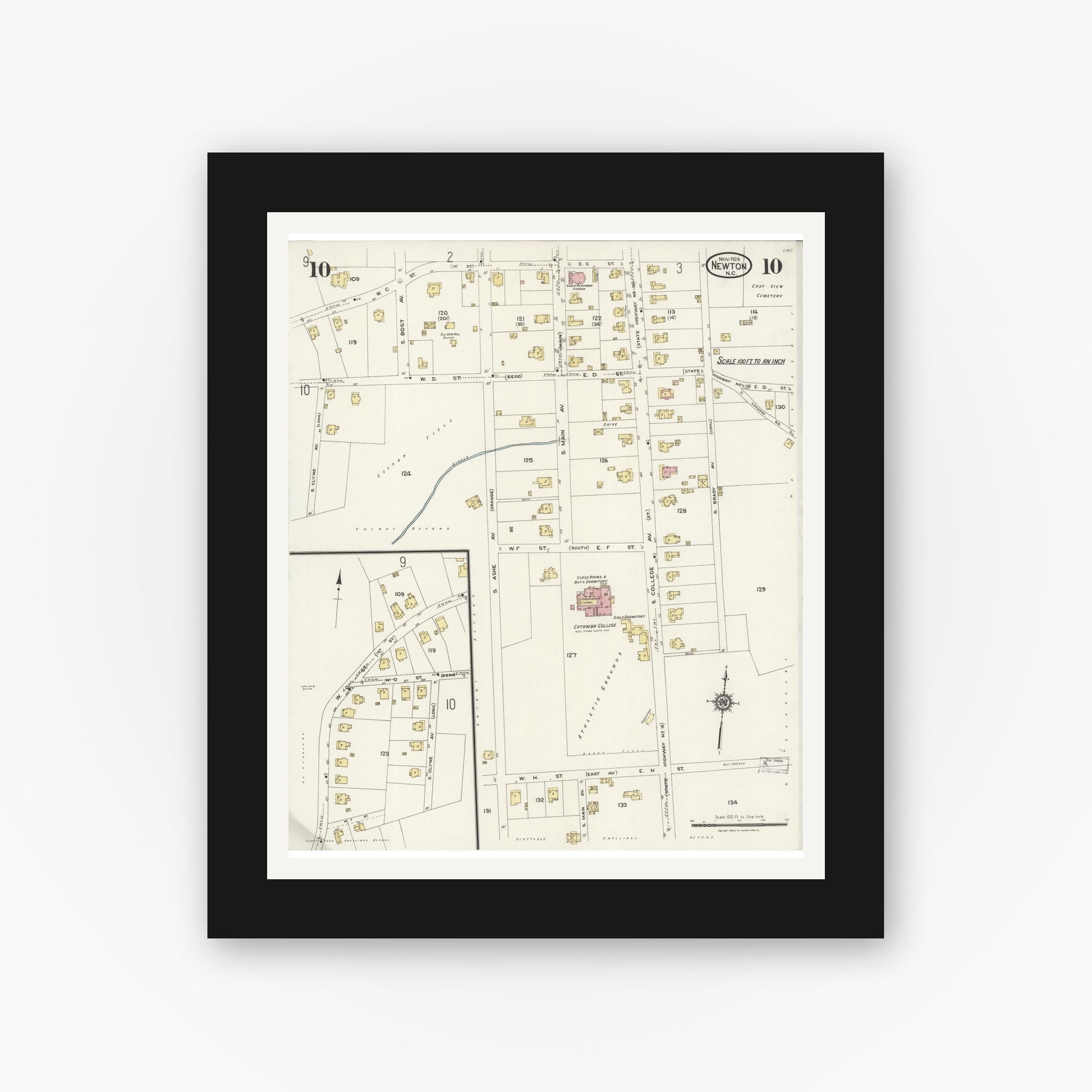 Old map wall art mockup — black gallery frame with white mat — Sanborn Fire Insurance Map from Newton, Catawba County, North Carolina (1924), Sheet #0010