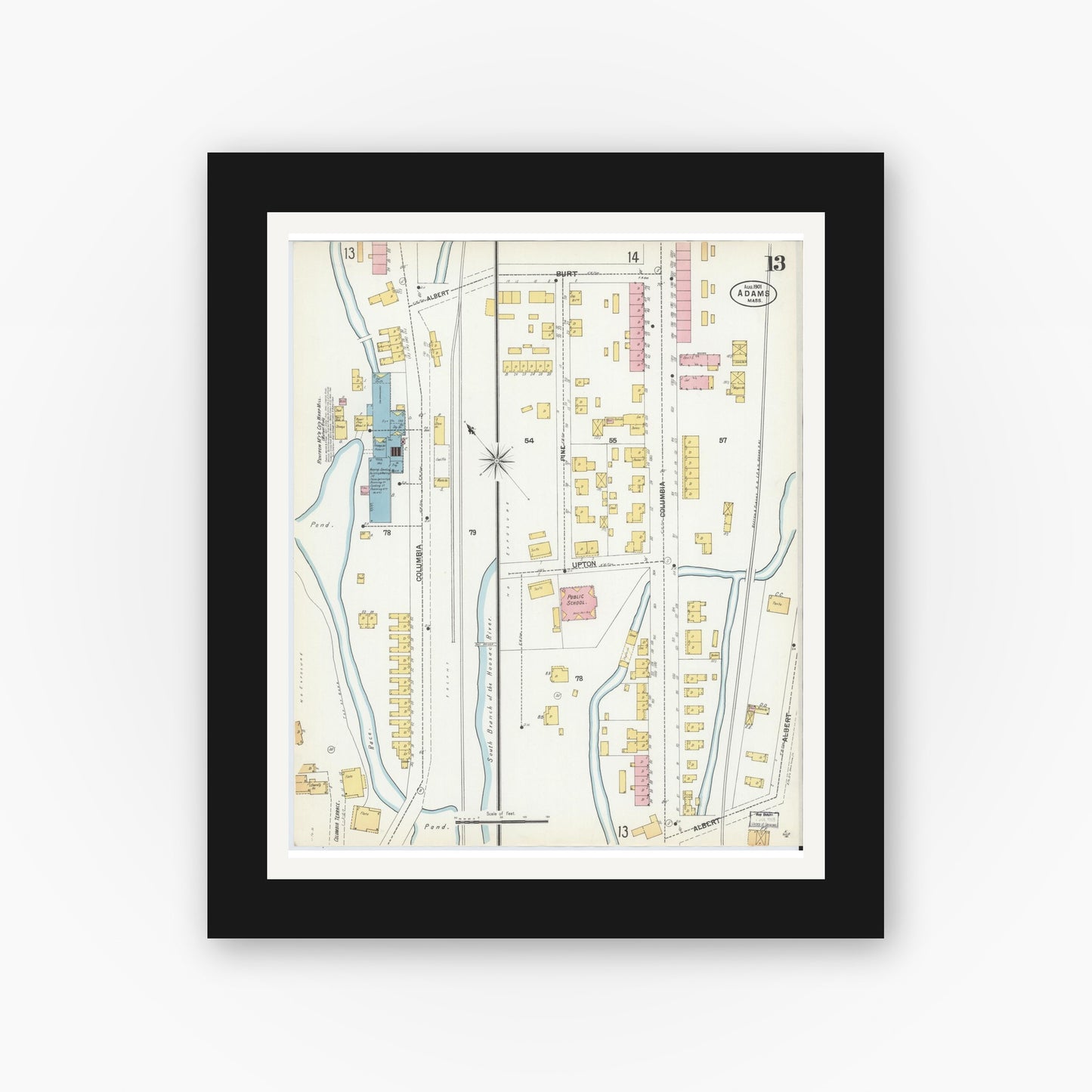 Old map wall art mockup — black gallery frame with white mat — Sanborn Fire Insurance Map from Adams, Berkshire County, Massachusetts (1901), Sheet #0013