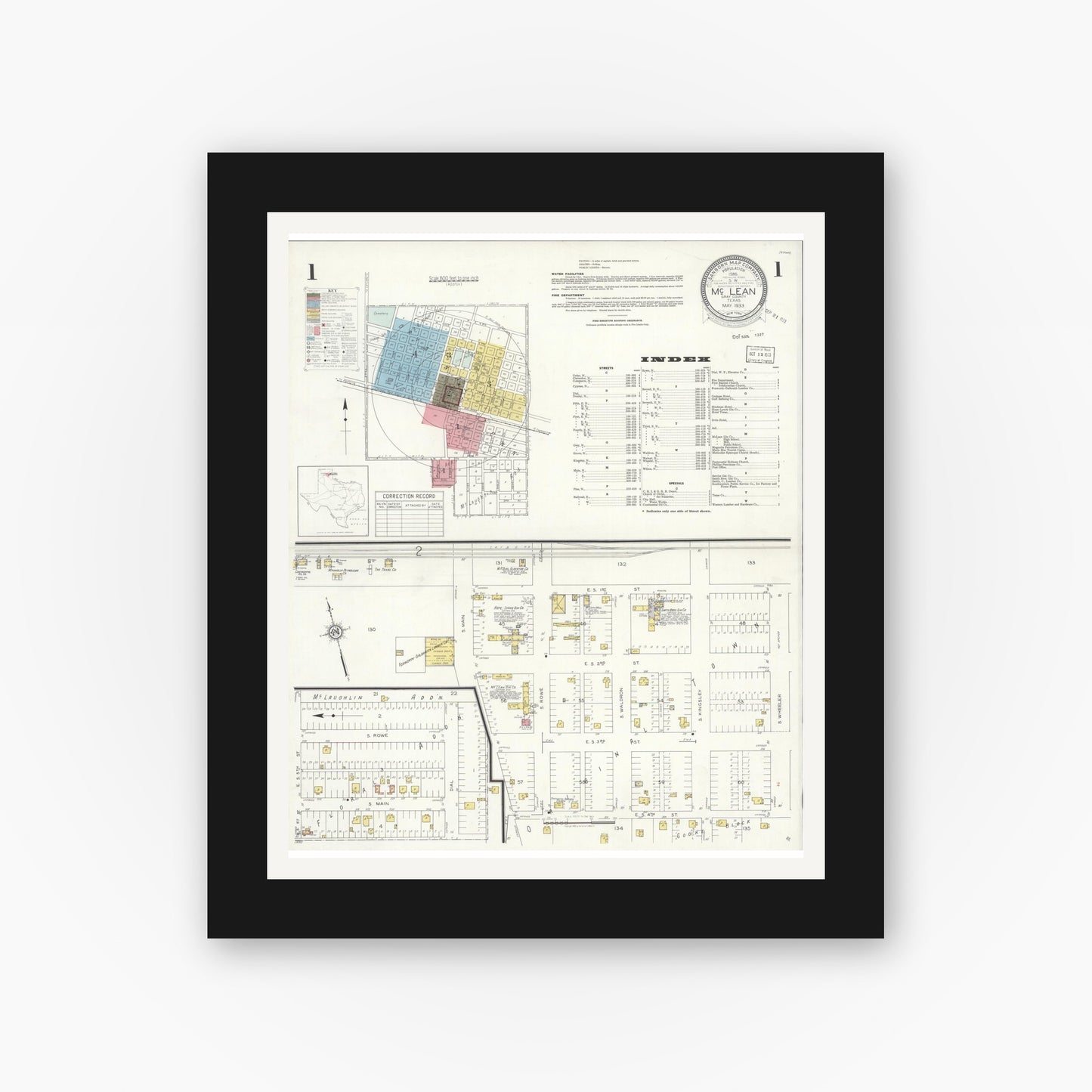 Old map wall art mockup — black gallery frame with white mat — Sanborn Fire Insurance Map from McLean, Gray County, Texas (1933), Sheet #0001