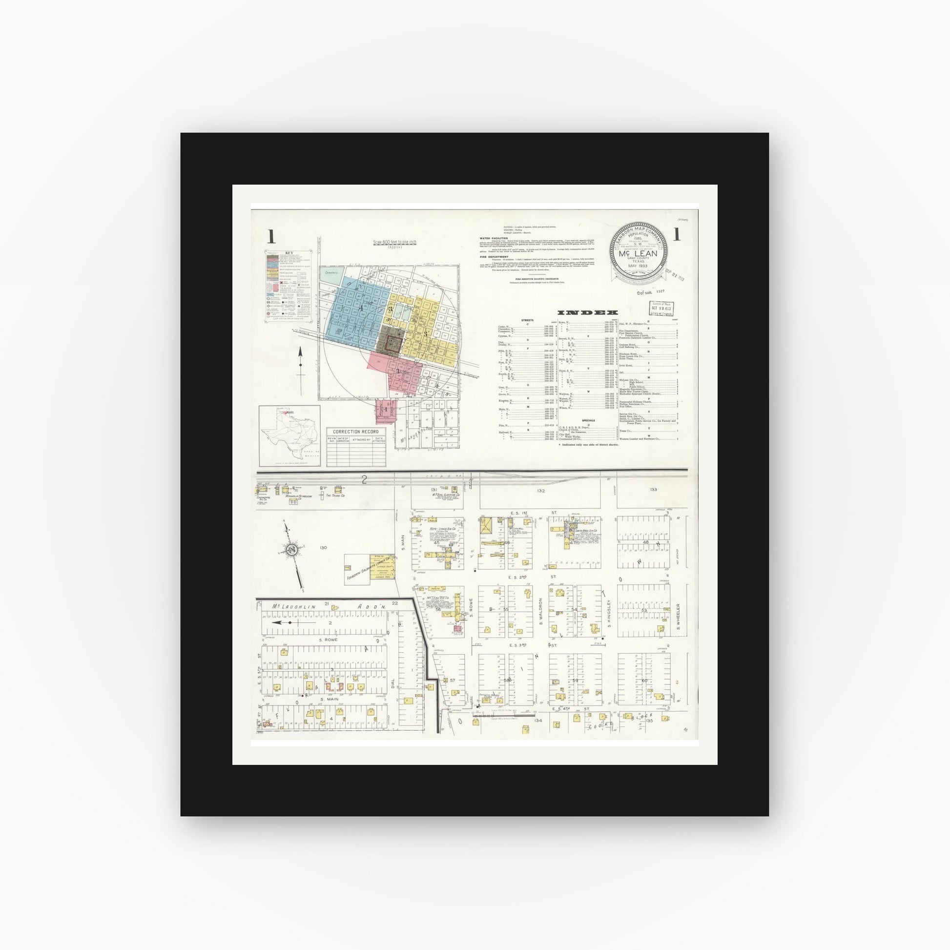 Old map wall art mockup — black gallery frame with white mat — Sanborn Fire Insurance Map from McLean, Gray County, Texas (1933), Sheet #0001