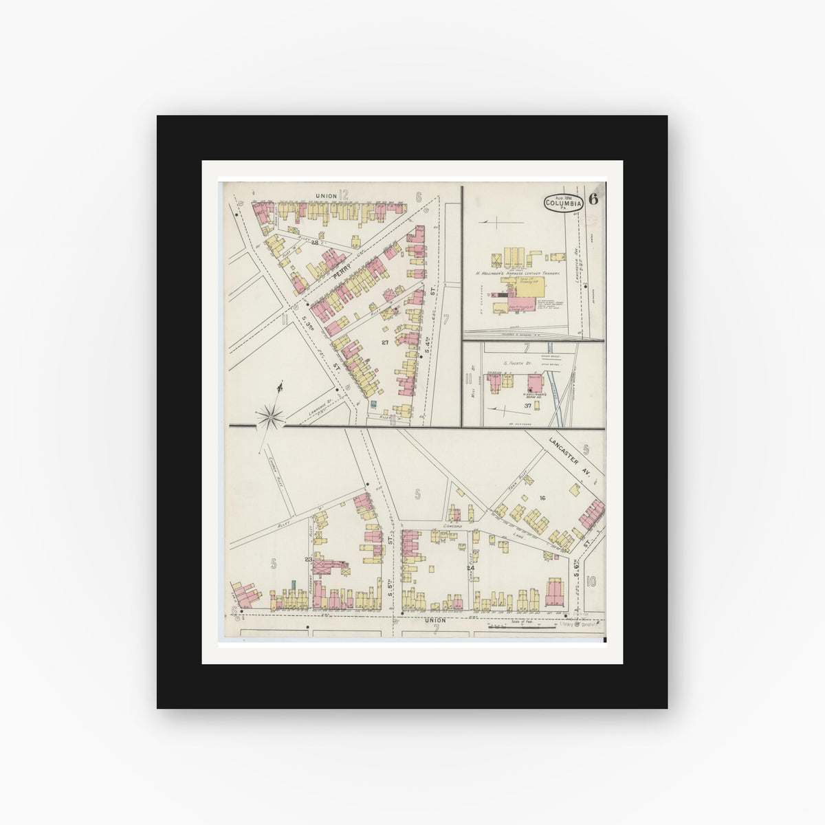 Old map wall art mockup — black gallery frame with white mat — Sanborn Fire Insurance Map from Columbia, Lancaster County, Pennsylvania (1894), Sheet #0006