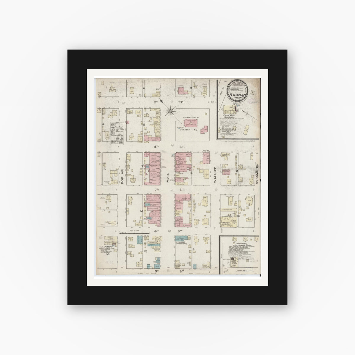 Old map wall art mockup — black gallery frame with white mat — Sanborn Fire Insurance Map from Petersburg, Pike County, Indiana (1886), Sheet #0001
