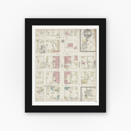 Old map wall art mockup — black gallery frame with white mat — Sanborn Fire Insurance Map from Petersburg, Pike County, Indiana (1886), Sheet #0001