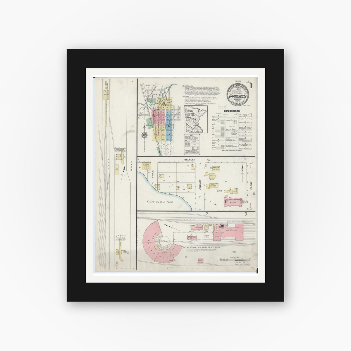 Old map wall art mockup — black gallery frame with white mat — Sanborn Fire Insurance Map from Barnesville, Clay County, Minnesota (1914) - Complete Map Set