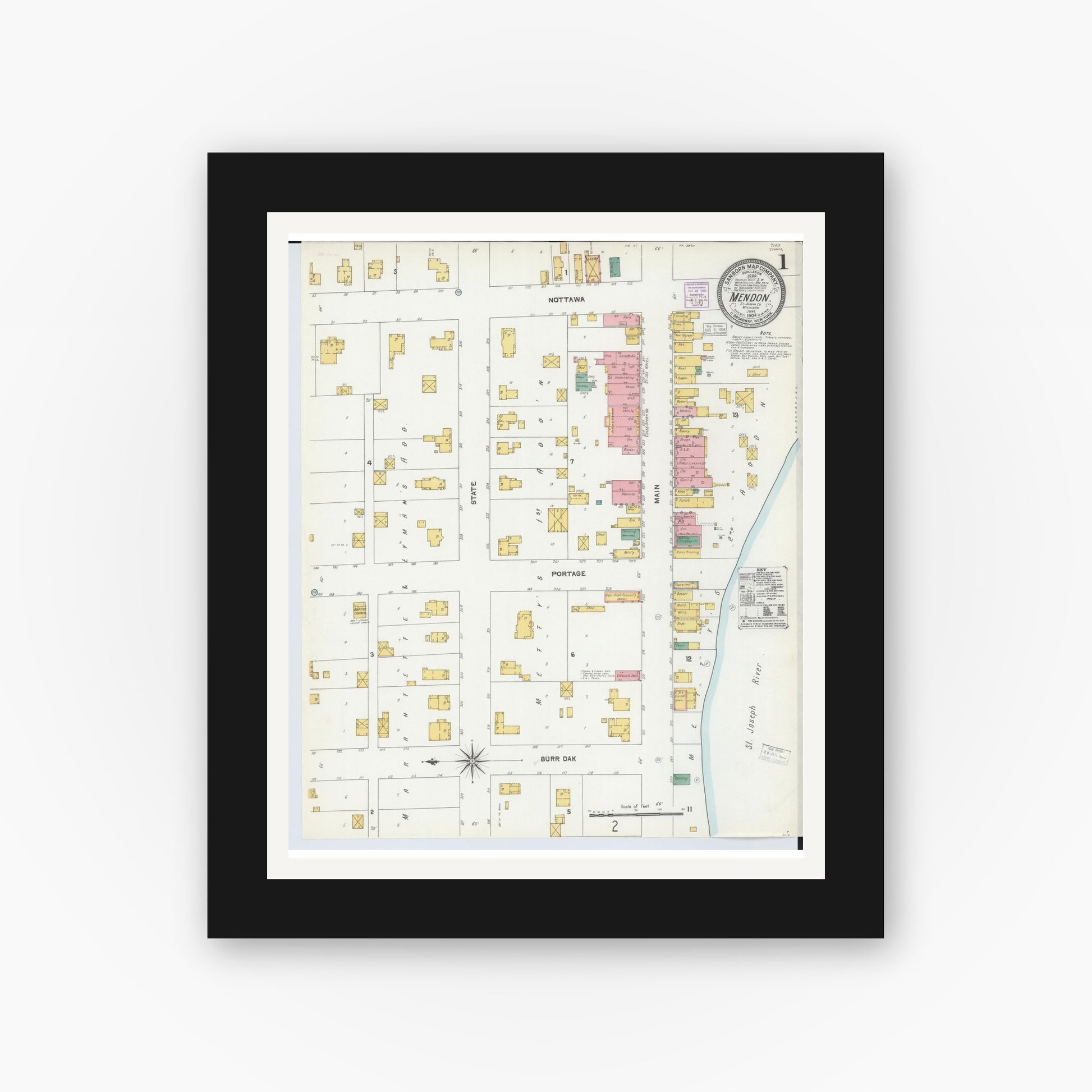 Old map wall art mockup — black gallery frame with white mat — Sanborn Fire Insurance Map from Mendon, Saint Joseph County, Michigan (1904) - Complete Map Set