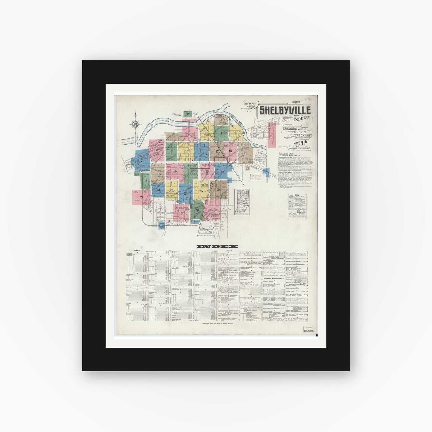 Old map wall art mockup — black gallery frame with white mat — Sanborn Fire Insurance Map from Shelbyville, Shelby County, Indiana (1916), Sheet #0001