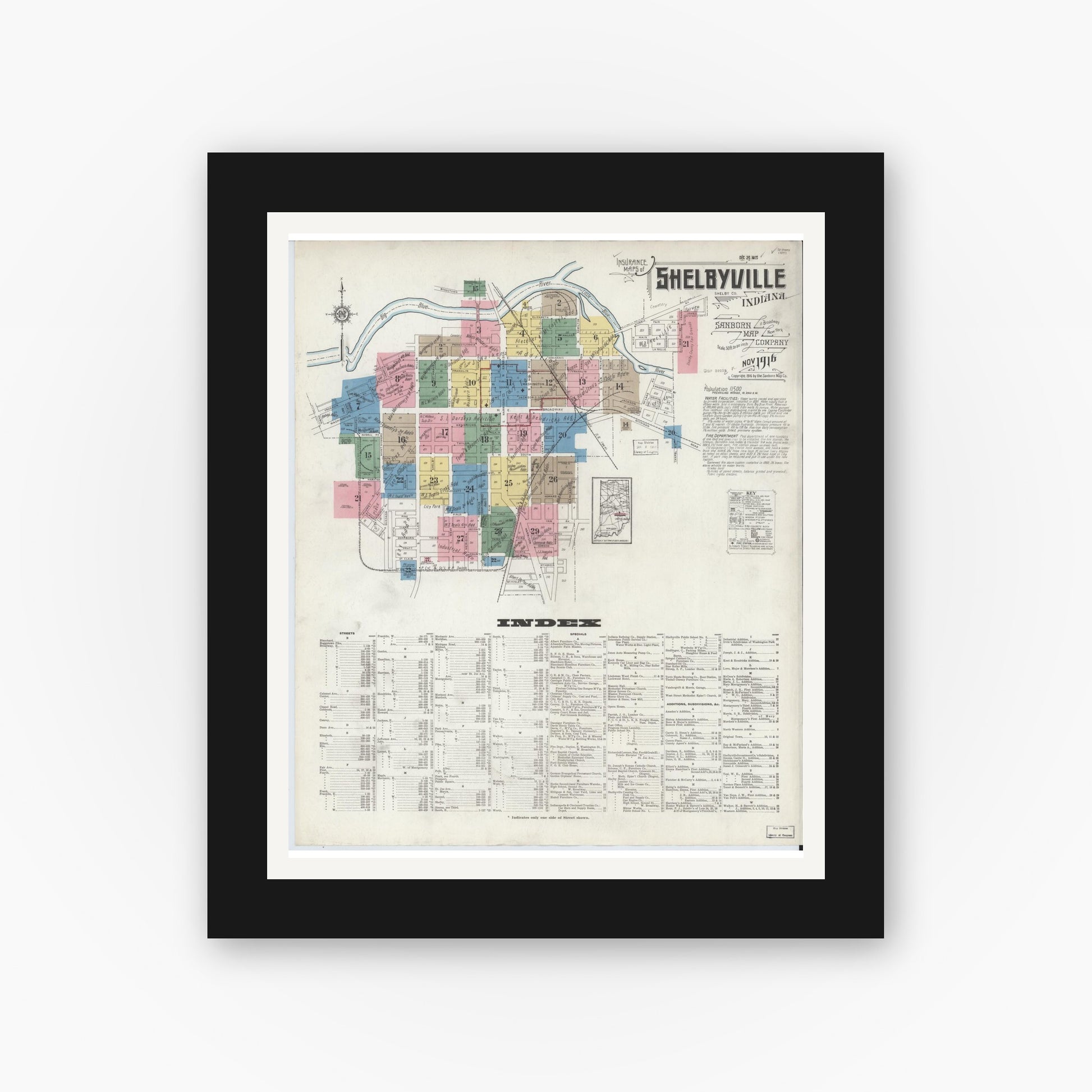 Old map wall art mockup — black gallery frame with white mat — Sanborn Fire Insurance Map from Shelbyville, Shelby County, Indiana (1916), Sheet #0001