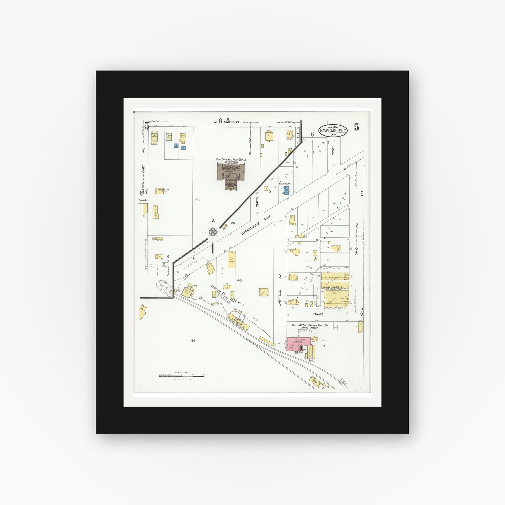 Old map wall art mockup — black gallery frame with white mat — Sanborn Fire Insurance Map from New Carlisle, Clarke County, Ohio (1926), Sheet #0005