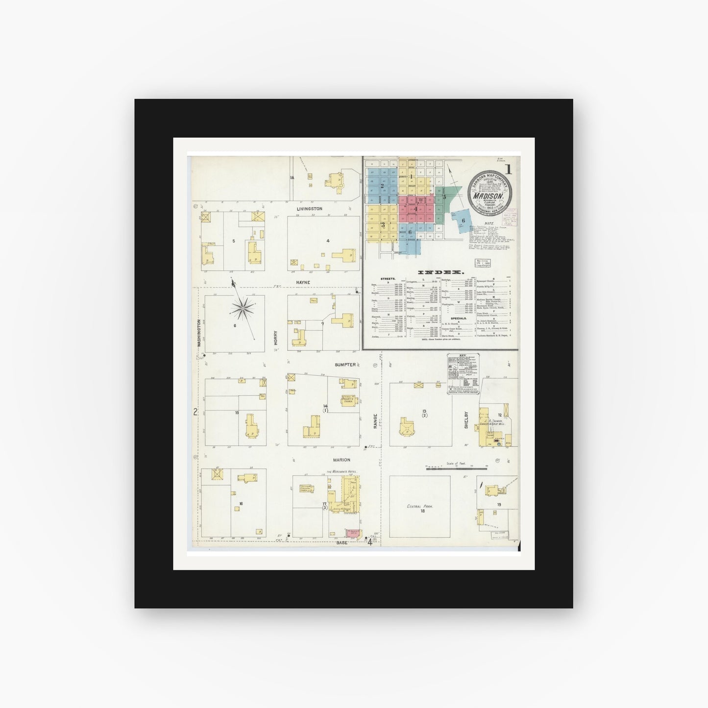 Old map wall art mockup — black gallery frame with white mat — Sanborn Fire Insurance Map from Madison, Madison County, Florida (1903) - Complete Map Set