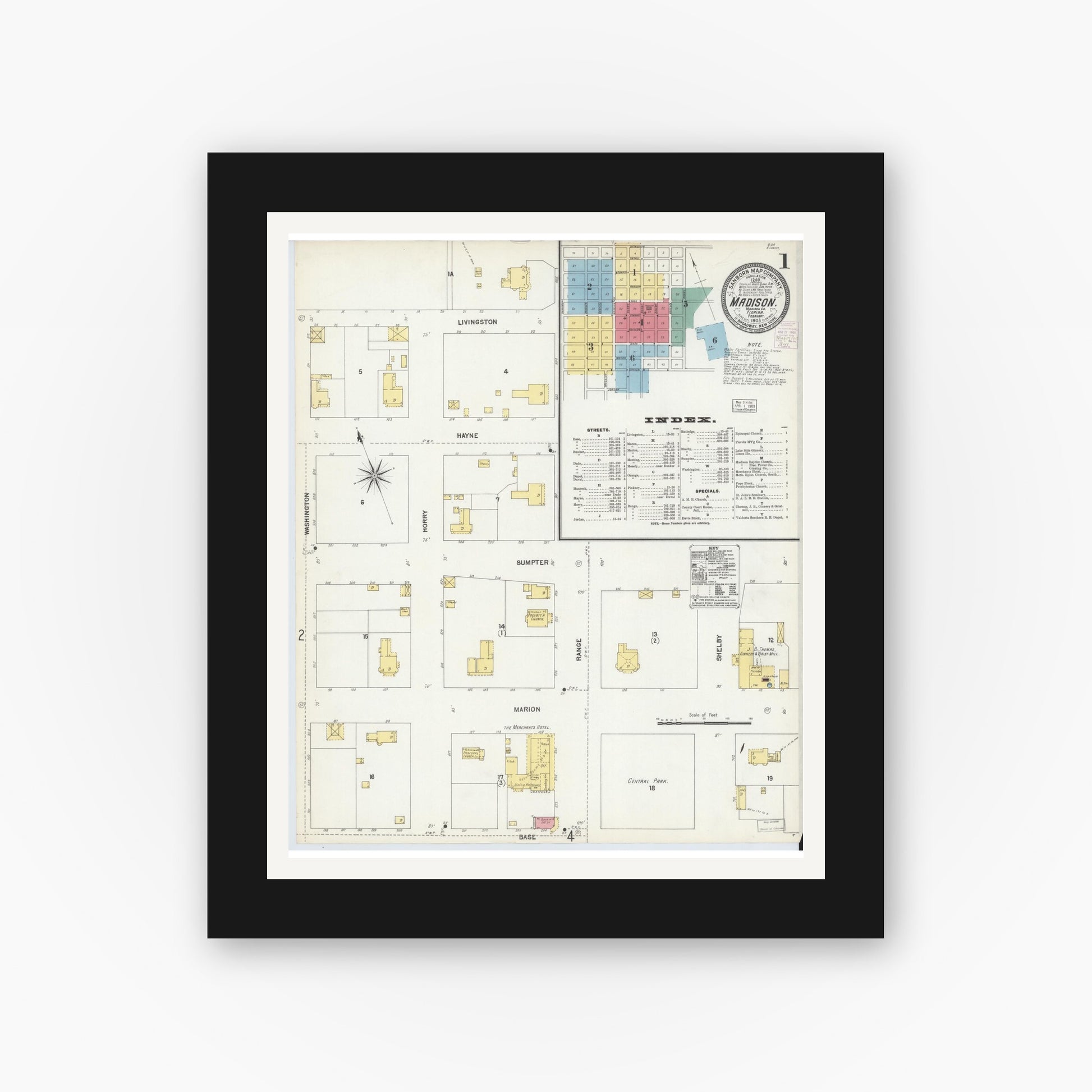 Old map wall art mockup — black gallery frame with white mat — Sanborn Fire Insurance Map from Madison, Madison County, Florida (1903) - Complete Map Set
