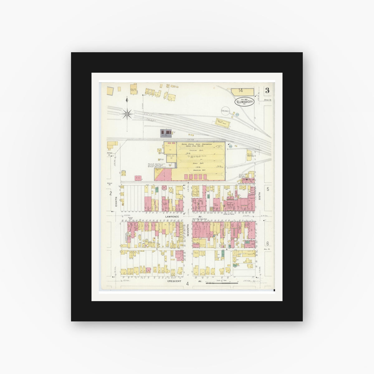 Old map wall art mockup — black gallery frame with white mat — Sanborn Fire Insurance Map from Ellwood City, Lawrence County, Pennsylvania (1908), Sheet #0003