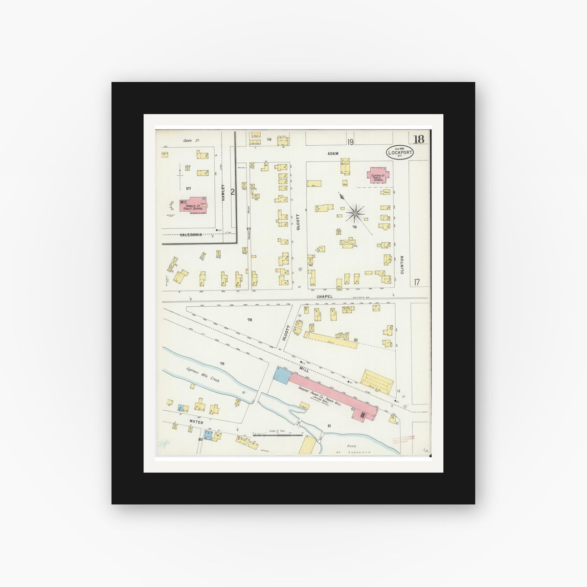 Old map wall art mockup — black gallery frame with white mat — Sanborn Fire Insurance Map from Lockport, Niagara County, New York (1898), Sheet #0018
