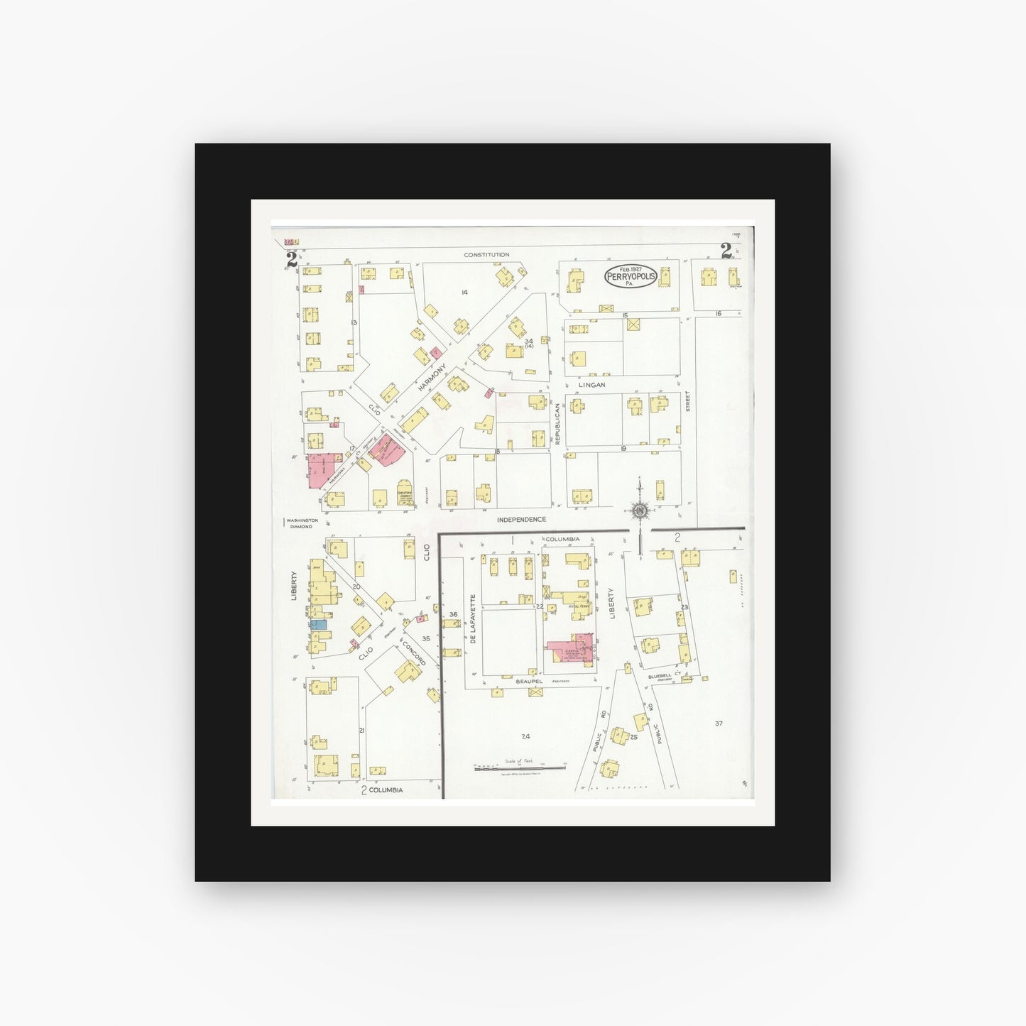 Old map wall art mockup — black gallery frame with white mat — Sanborn Fire Insurance Map from Perryopolis, Fayette County, Pennsylvania (1927), Sheet #0002