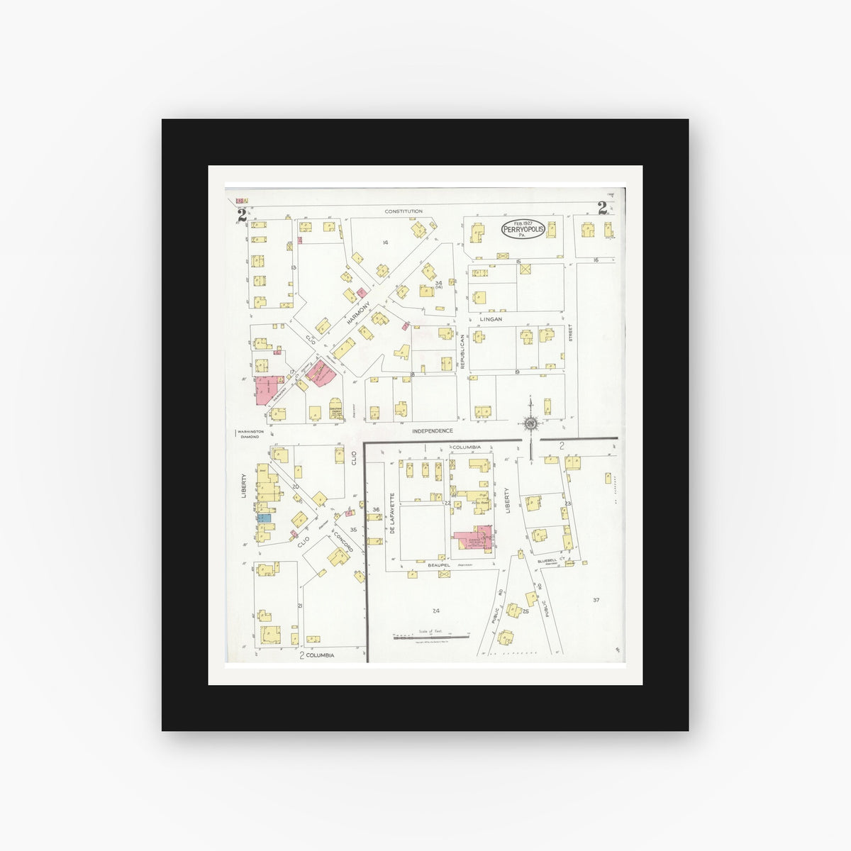 Old map wall art mockup — black gallery frame with white mat — Sanborn Fire Insurance Map from Perryopolis, Fayette County, Pennsylvania (1927), Sheet #0002