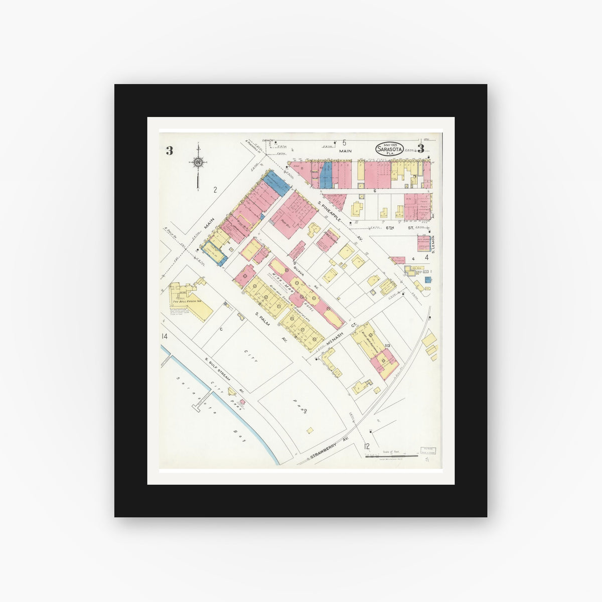 Old map wall art mockup — black gallery frame with white mat — Sanborn Fire Insurance Map from Sarasota, Sarasota County, Florida (1925), Sheet #0003