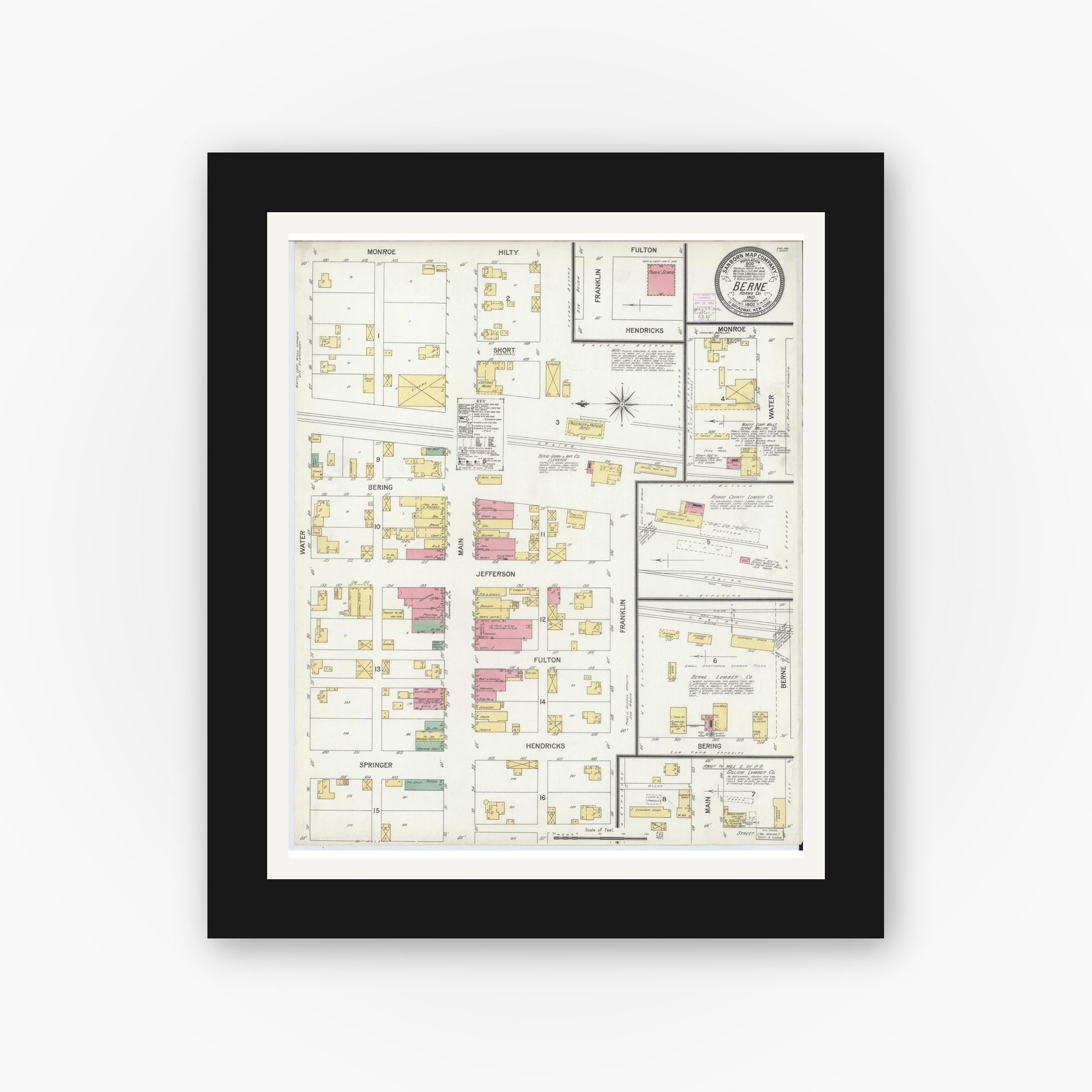 Old map wall art mockup — black gallery frame with white mat — Sanborn Fire Insurance Map from Berne, Adams County, Indiana (1902), Sheet #0001