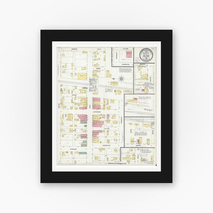 Old map wall art mockup — black gallery frame with white mat — Sanborn Fire Insurance Map from Berne, Adams County, Indiana (1902), Sheet #0001