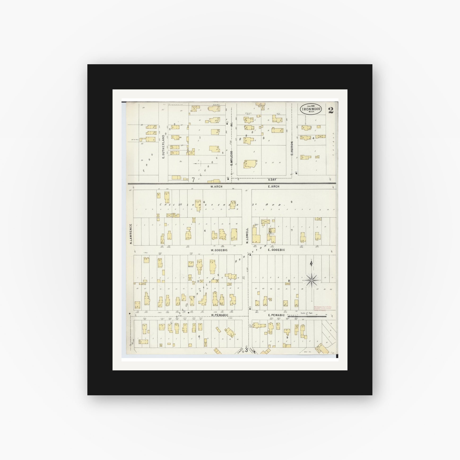 Old map wall art mockup — black gallery frame with white mat — Sanborn Fire Insurance Map from Ironwood, Gogebic County, Michigan (1898), Sheet #0002