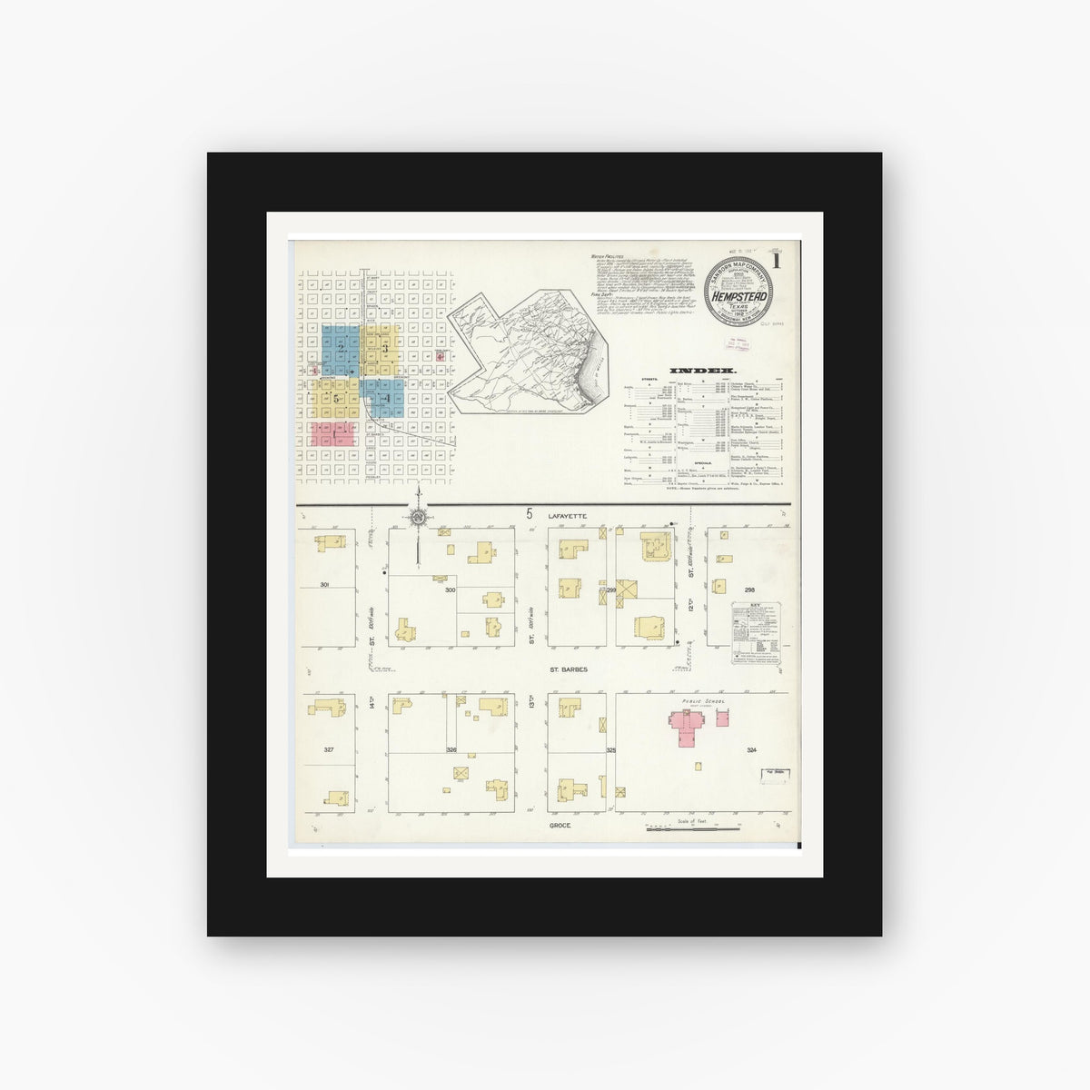 Old map wall art mockup — black gallery frame with white mat — Sanborn Fire Insurance Map from Hempstead, Waller County, Texas (1912) - Complete Map Set