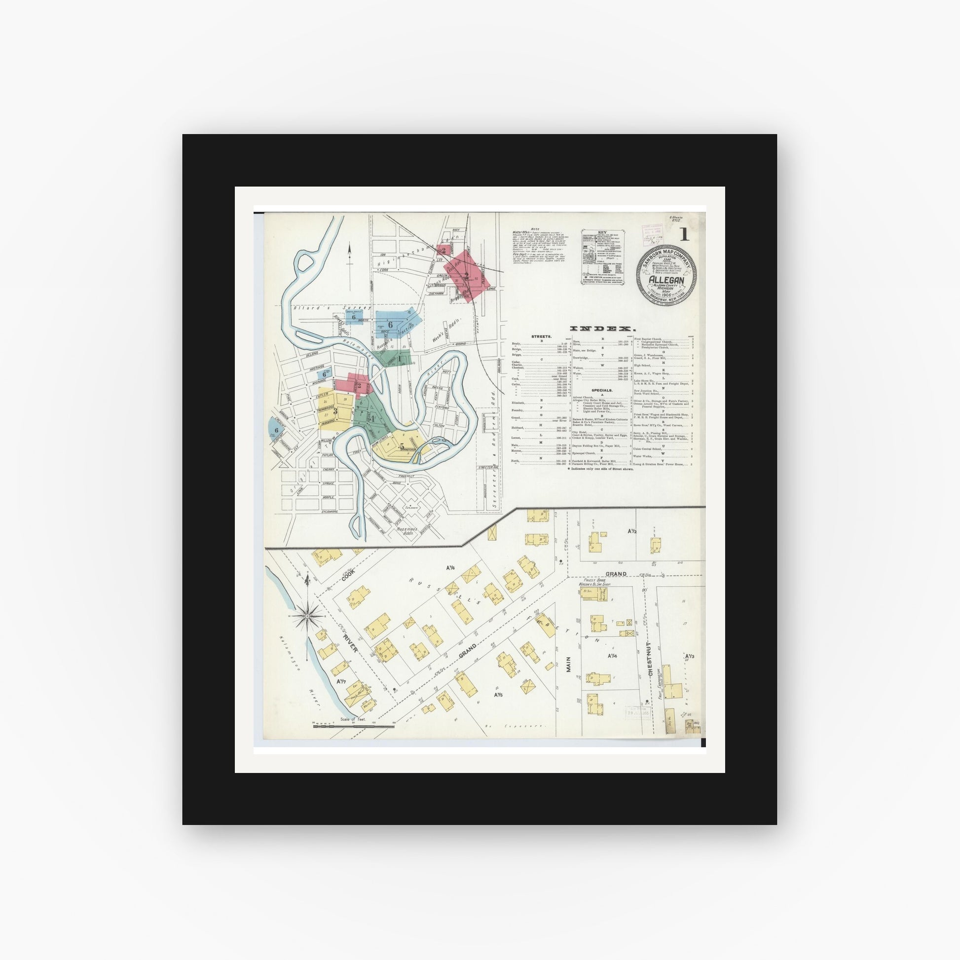 Old map wall art mockup — black gallery frame with white mat — Sanborn Fire Insurance Map from Allegan, Allegan County, Michigan (1906) - Complete Map Set