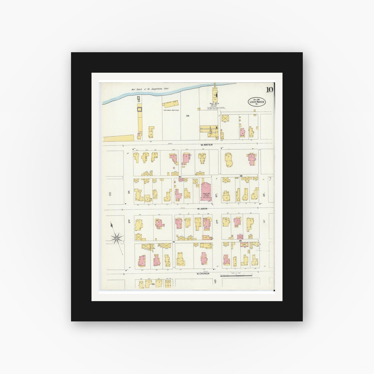 Old map wall art mockup — black gallery frame with white mat — Sanborn Fire Insurance Map from Lock Haven, Clinton County, Pennsylvania (1906), Sheet #0010