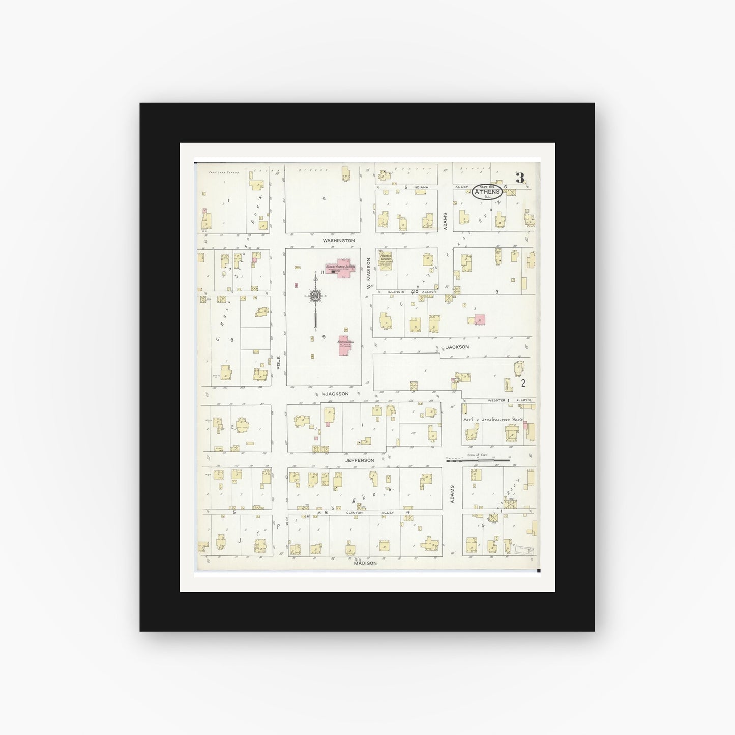 Old map wall art mockup — black gallery frame with white mat — Sanborn Fire Insurance Map from Athens, Menard County, Illinois (1914), Sheet #0003