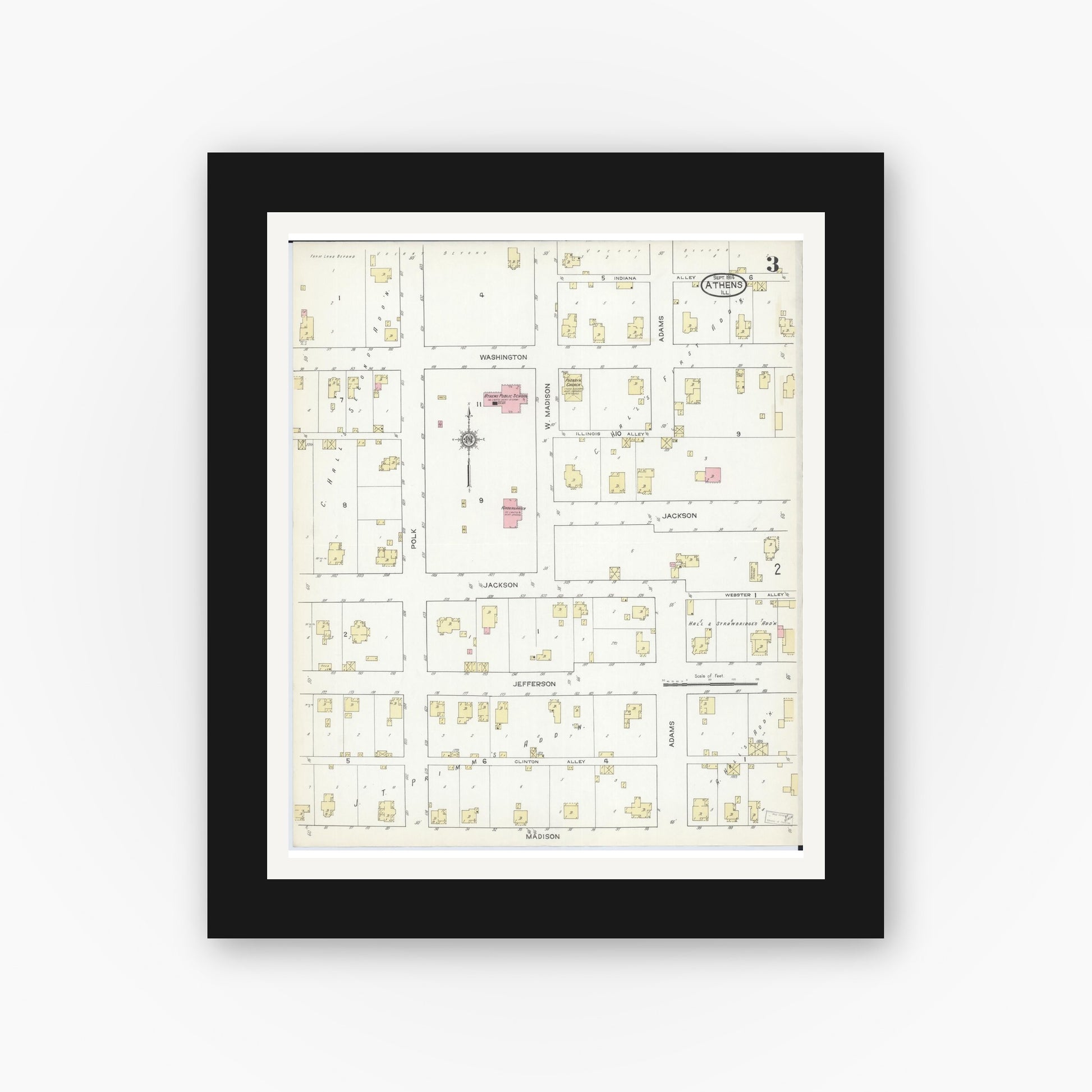 Old map wall art mockup — black gallery frame with white mat — Sanborn Fire Insurance Map from Athens, Menard County, Illinois (1914), Sheet #0003