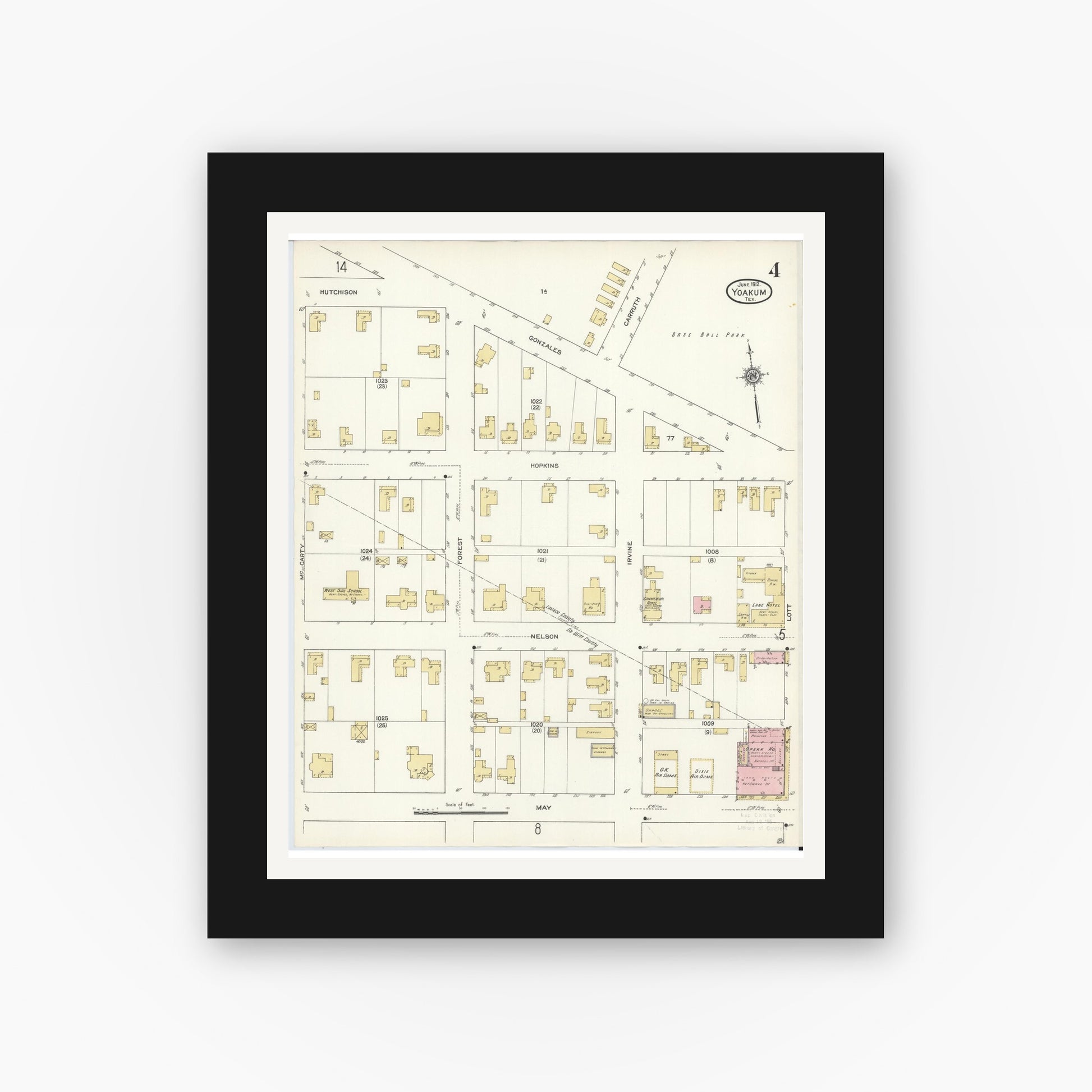 Old map wall art mockup — black gallery frame with white mat — Sanborn Fire Insurance Map from Yoakum, De Witt And Lavaca Counties, Texas (1912), Sheet #0004