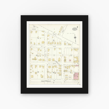 Old map wall art mockup — black gallery frame with white mat — Sanborn Fire Insurance Map from Yoakum, De Witt And Lavaca Counties, Texas (1912), Sheet #0004