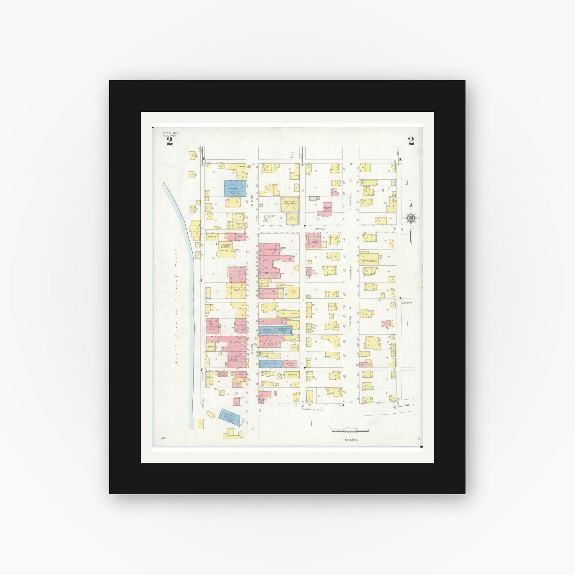Old map wall art mockup — black gallery frame with white mat — Sanborn Fire Insurance Map from Utica, Licking County, Ohio (1936), Sheet #0002