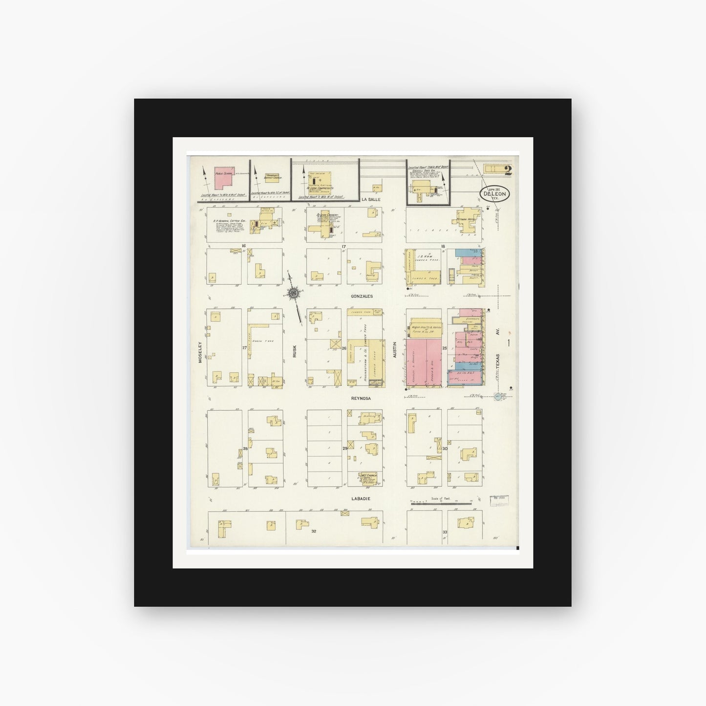 Old map wall art mockup — black gallery frame with white mat — Sanborn Fire Insurance Map from De Leon, Comanche County, Texas (1911), Sheet #0002